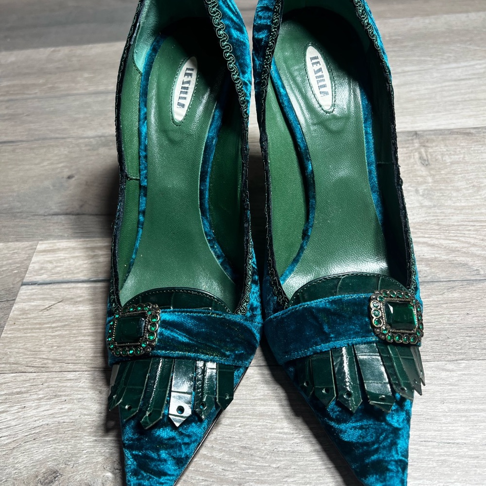 Le Silla Teal Velvet Pointed Toe Kitten Heel Pumps 37.5 - Picture 3 of 16